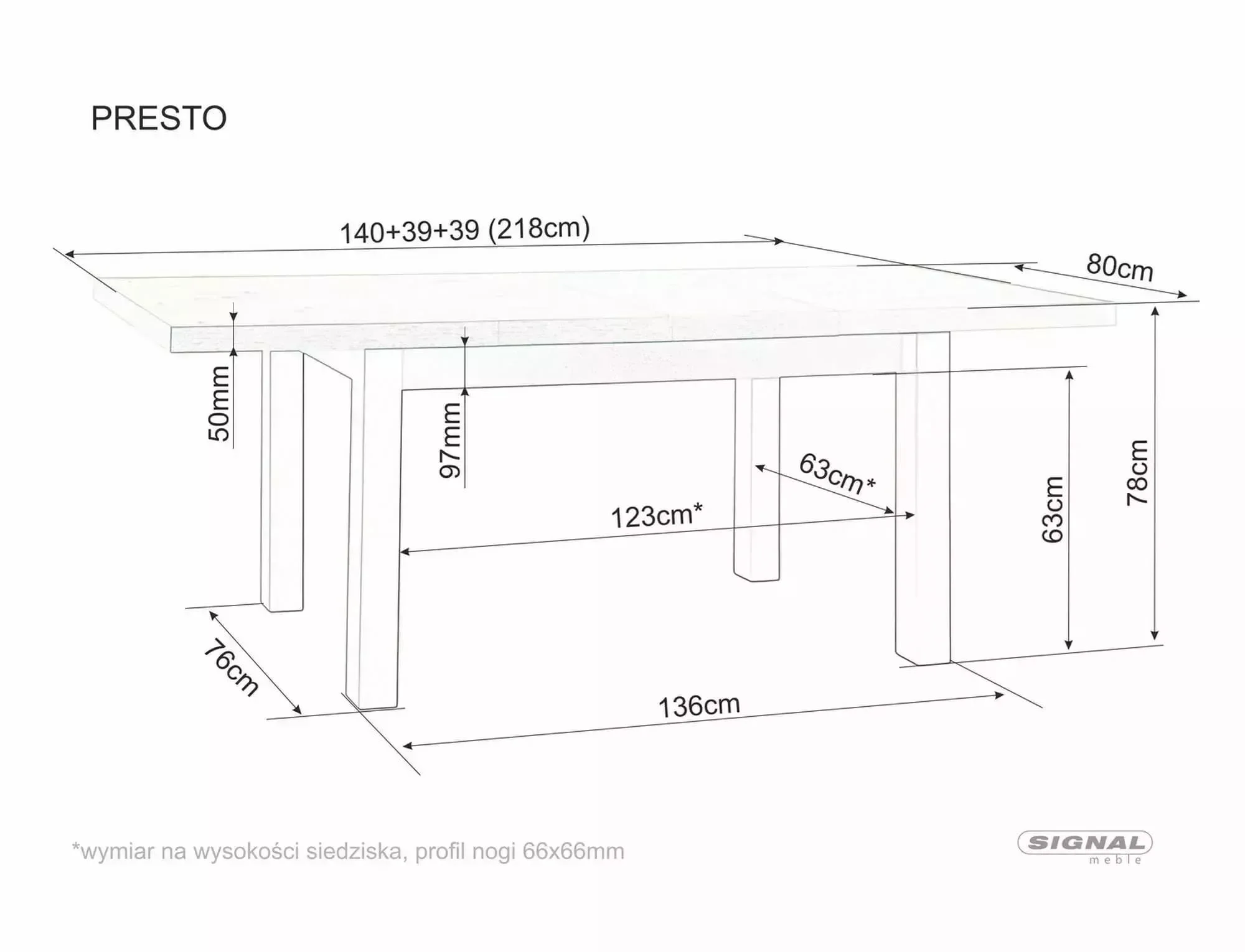 Стол обеденный SIGNAL PRESTO кашемир/дуб кремона 140-218/80